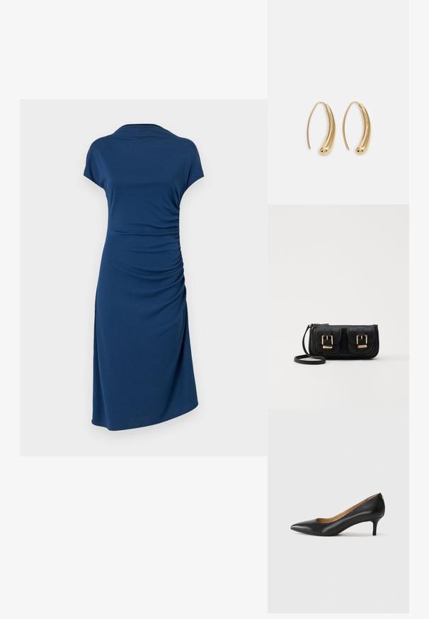 Tumši zila kleita ar īsām piedurknēm, sānu drapējuma detaļa, mīksta auduma, brīvā griezuma un ceļgala garuma dizains.; Melnas ādas augstpapēžu kurpes ar pīlādžu purngalu, zemu papēdi un gludu virsmu. Raksturīga neliela atvere priekšā un minimāls aprīkojums aizmugurē.; Melnas ādas crossbody soma ar divām priekšējām kabatām, zelta sprādzēm, ar rāvējslēdzēju aizdari un šauru siksnu. Strukturēta virsma un kompakta taisnstūra forma.; Zelta toņu metāla gredzena auskari ar izliektu, pagarinātu formu. Ar gludu, spīdīgu virsma un noapaļotu galu papildu detaļām.