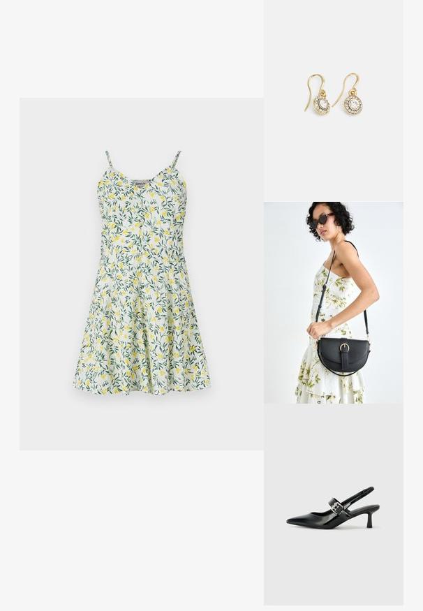 Kvetinové šaty s žltým a zeleným listovým vzorom na bielom pozadí. Obsahujú tenké ramienka, výstrih do V a rozšírenú sukňu. Ľahký materiál.; Čierne patentové kožené sandále na podpätku so špicatou špičkou a malým blokovým podpätkom, s dekoratívnou striebornou sponou na remienku.; Čierna kožená kabelka s zaobleným tvarom, odnímateľným popruhom a zlatými doplnkami. Kabelka má klopu s detailom s prackou.; Náušnice zlatého odtieňa s oválnymi čírymi kryštáli obklopenými menšími čírými kameňmi, s háčikovým dizajnom pre bezpečné nosenie.