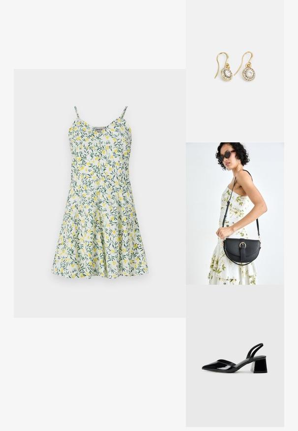 Cvična haljina s uzorkom žutih i zelenih listova na bijeloj pozadini. Ima tanke naramenice, V-izrez i suknju s volanom. Lagani materijal.; Crne lakirane kožne sandale s otvorenom petom i špicastim vrhom, s geometrijskom blok petom. Imaju elegantan, minimalistički dizajn i glatku teksturu.; Crna kožna torba s lukovitim oblikom, odvojivim remenom i zlatnim detaljima. Torba ima preklop s kopčom.; Zlatne naušnice s ovalnim prozirnim kristalima okruženim manjim prozirnim kamenčićima, s dizajnom na kuku za sigurno nošenje.