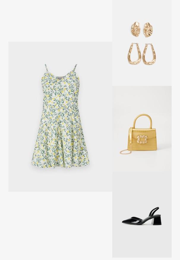 Blomsterkjole med gult og grønt bladmønster på hvit bakgrunn. Har tynne stropper, V-hals og en utsvingt skjørt. Lett materiale.; Svarte patentlær slingback hæler med spiss tå og geometrisk blokk hæl. Har et stilrent, minimalistisk design og jevn tekstur.; Gul faux-krokodille veske med en strukturert design, toppen håndtak, avtagbar kjede stropp, og dekorativ krystallbortsettelse på låsen.; Gullfargede øredobber med teksturerte, bølgete former. Inkluderer skulpturelle klipsstuds og åpen hoop-design med en hamret finish.
