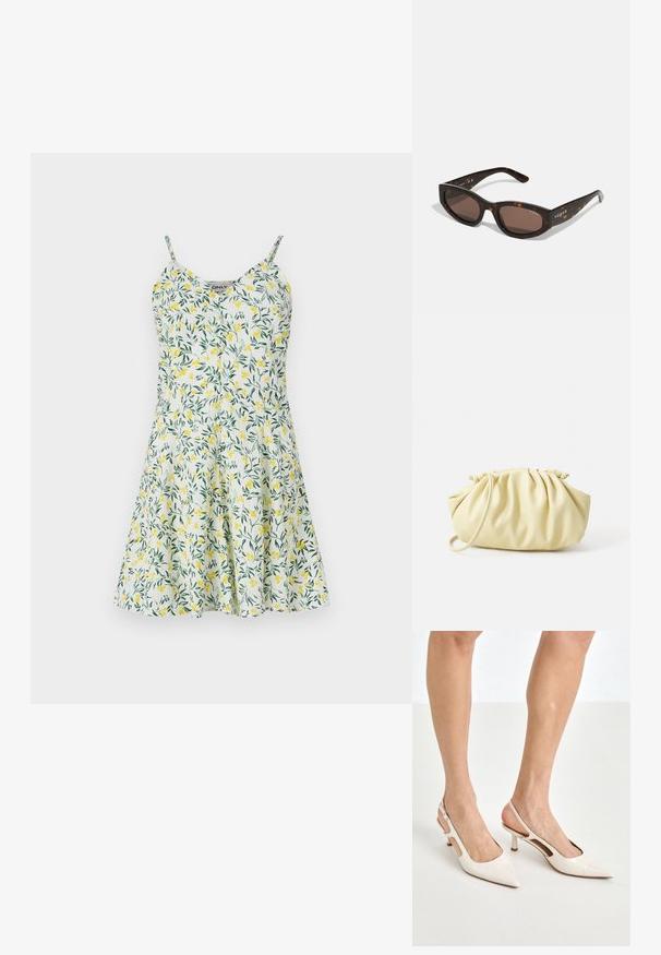 Kohmakas kleit, millel on kollaste ja roheliste lehtede muster valgel taustal. Omab peeneid rihmu, V-kaela ning laienevat seelikut. Kerge kangas.; Beesek patentnaha slingback kontsad 5 cm kontsaga, millel on terav nina ja lõigatud külgedega ning õhuke pahkluu rihm.; Pruunil kilpkonnakujulised prillid, millel on ristkülikuline kuju, tumedad pruunid läätsed ja kuldne "vogue" brändimine kandadel.; Kollane voltitud käekott, mis on valmistatud siledast kunstnahast, omab pehmet kuju ühe õlarihmaga ja volditud ülaosaga disaini.; Helme ja kristallide kaelakee, millel on ümara, helmestega disain heledates toonides, vahelduvad pärlid ja säravad aktsendid, kantud kaela ümber.