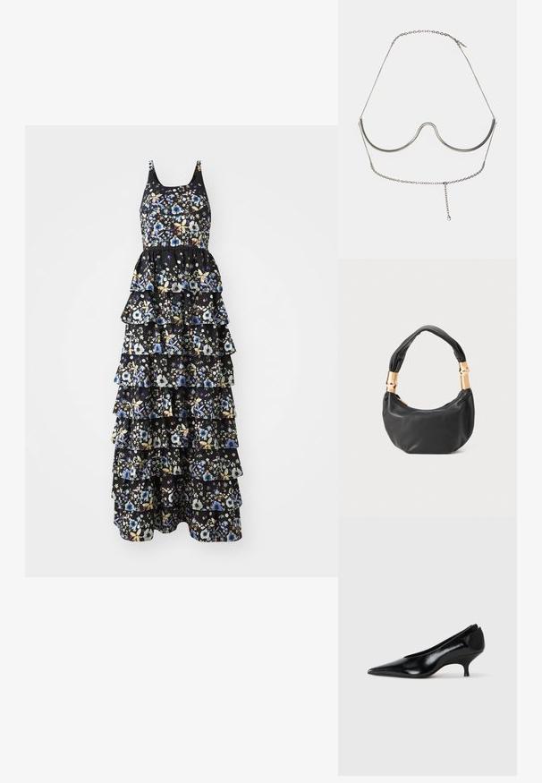 Virágmintás maxi ruha fekete szövet alappal, réteges fodrokkal és állítható pántos, testhezálló fazonnal, amely színes virágmintákat mutat be.; Fekete bőr magassarkú cipő hegyes orral, alacsony sarokkal, letisztult formával és sima textúrával. Slip-on stílusú, látható hardver nélkül.; Fekete bőr kézitáska kerek formával, puha textúrával és csomózott fogantyúval, aranyszínű fém díszítéssel. Cipzáras záródás.; Cult Gaia ASHA BODY JEWELRY - Egyéb tartozékok - bright shiny silver-coloured