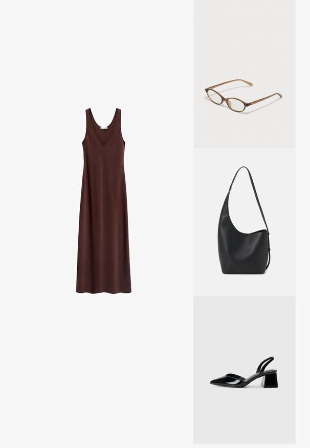 Smeđa haljina bez rukava maxi dužine s okruglim izrezom, glatke teksture i ravnog kroja, dizajnirana za opušteni fit.; Crne lakirane kožne sandale s otvorenom petom i špicastim vrhom, s geometrijskom blok petom. Imaju elegantan, minimalistički dizajn i glatku teksturu.; Smeđe skupe naočale s ovalnim lećama, tankim drškama i prozirnim akcentima. Ima suptilan logo na sljepoočnici. Elegantan, lagan dizajn.; Crna kožna hobo torba s glatkom teksturom, zakrivljenim oblikom i jednom podesivom trakicom; ima širok otvor na vrhu.