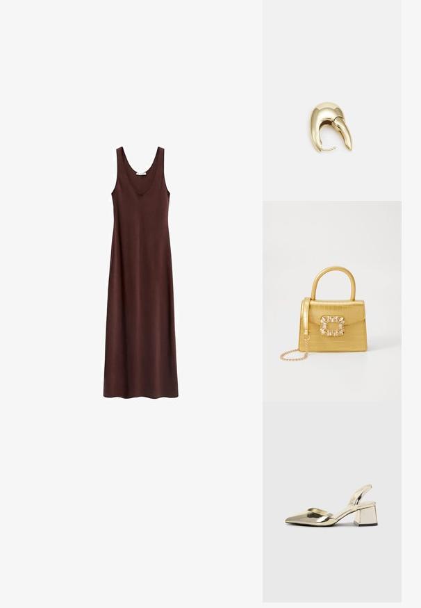 Rjava brezrokavnik dolga obleka z okrogelim izrezom, gladko teksturo in ravnim krojem, zasnovana za sproščen fit.; Zlati, kovinski slingback čeveljci z ostrim nosom in masivnim peto. Gladka tekstura, minimalistična zasnova in ozka zanka.; Rumeno usnjeno-usnje z vzorcem krokodila, s strukturiranim dizajnom, zgornjo ročajem, snemljivo verižico in dekorativnim kristalnim okrasjem na zaponki.; Uhane nakit iz zlatastega tona z gladko, ukrivljeno zasnovo. Ima edinstveno koničasto obliko, polirano površino in zaponko s tečajem.