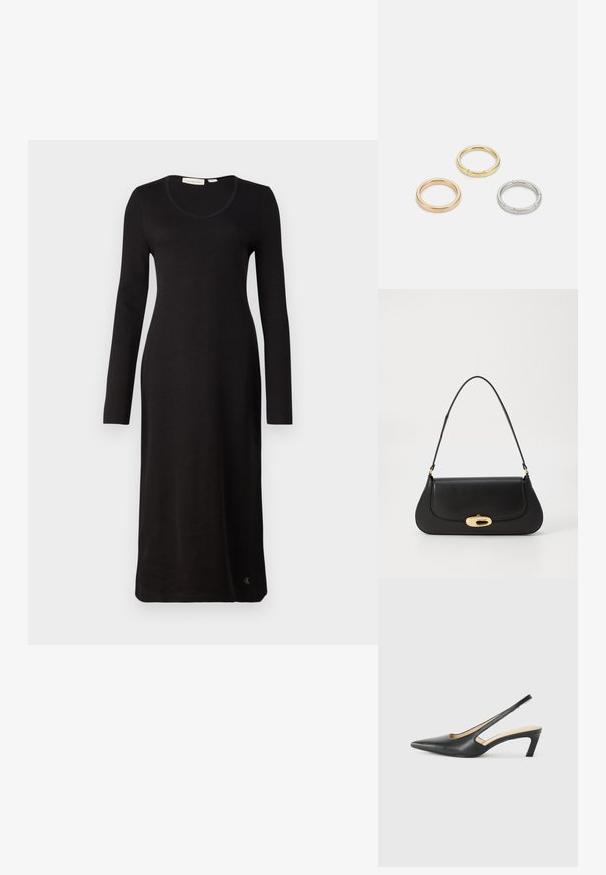 Fekete bordázott, hosszú ujjú ruha, lekerekített nyakkivágással, egyenes szabással és logó részlettel az alján. Puha, texturált anyagból készült.; Fekete, hegyes orrú, slingback cipő alacsony sarkával, sima bőrből készült, oldalt kivágott deisgnal a légáteresztőképesség érdekében.; Fekete bőr táska ívelt kialakítással, arany színű fémrészletekkel és felső fogantyúval. Csúszásmentes záródás és sima textúra jellemzi.; Három fémgyűrű: az egyik rose gold, a másik texturált akcentusokkal ellátott arany, a harmadik pedig ezüst, mindegyiken gravírozott márkajelzés található a belső sávon.