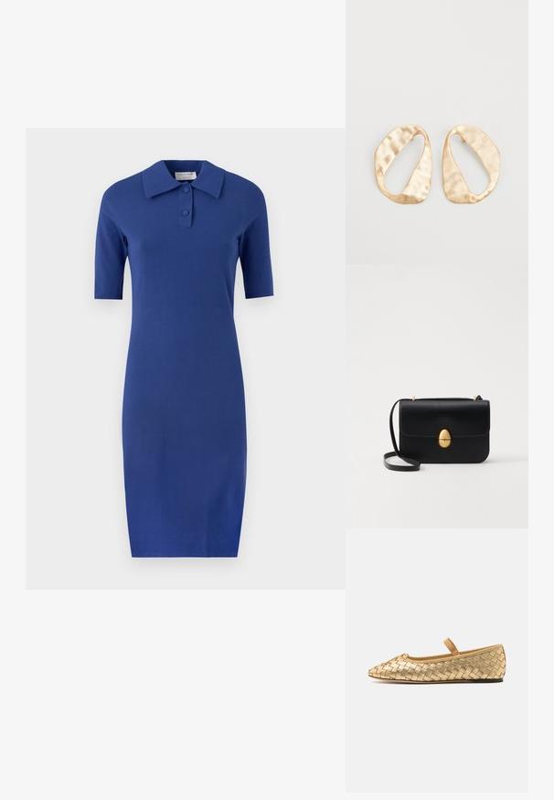 Rövid ujjú, galléros ruha élénk kék színben, sima kötött anyagból készült, karcsú szabással és minimalista dizájnnal, két gombbal a galléron.; Loeffler Randall LEONIE SOFT BALLET FLAT - Bokapántos balerina cipők - gold; Fekete bőr kézitáska, struktúrált, téglalap alakú formával. Arany ovális kapoccsal és vékony vállpánttal rendelkezik. Sima textúrájú.; Egy pár szabálytalan, ovális formájú, aranyszínű fém fülbevaló, enyhén kalapált felülettel, fehér háttéren.