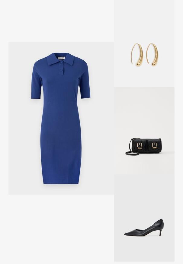 Kortärmad klänning med krage i klarblått, tillverkad av mjukt stickat tyg, med en smal passform och minimalistisk design med två knappar vid kragen.; Svart läderpumps med spetsig tå och låg klack. Har en slät textur och subtil glans. Öppet utskuret fram för extra detalj.; Svart läderaxelväska med två framfickor, guldspännen, dragkedjestängning och en smal rem. Texturerad yta och kompakt rektangulär form.; Guldtonade metallörhängen i en kurvad, avlång form. Har en slät, glänsande yta och en rundad spets för en extra detalj.