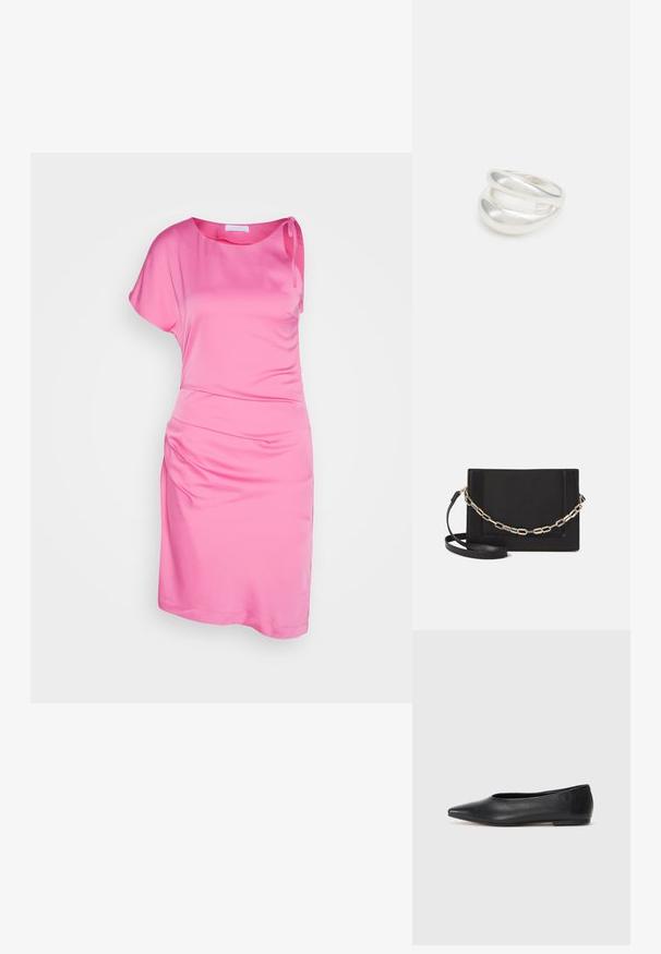 Rožinė vienos peties suknelė, pagaminta iš lygios medžiagos, turinti surinktą šoną ir laisvą siluetą. Trumpi rankoviai ir kelio ilgio kirpimas.; Juodas odinis baleto batas, su smailiu pirštu, minimalistinio dizaino, lygiu paviršiumi, žemo profilio kulnu, be matomos aparatūros ar papuošimų.; Juodas odinis per petį nešiojamas krepšys turi lygų paviršių, stačiakampio formą ir metalinę grandinėlę priekyje. Pridedama reguliuojama dirželis.; Sidabrinis dvigubas žiedas su lygiu, poliruotu paviršiumi. Pasižymi sklandžiu, kreiptu dizainu su persipinančiomis dalimis, suteikiančiomis modernų išvaizdą.