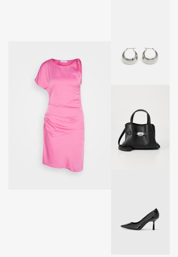 Rosa One-Shoulder-Kleid aus glattem Stoff mit gerafftem Seitendetail und lockerer Passform. Kurze Ärmel und knielanger Schnitt.; Schwarze Lackleder-Pumps mit hohem Absatz, spitzem Zehenbereich, eleganter Form und schlankem Stiletto-Absatz, mit einer glatten, glänzenden Oberfläche.; Schwarze Ledertasche mit strukturiertem Finish, ausgestattet mit zwei oberen Griffen, einem abnehmbaren Schultergurt und einem silbernen Verschlussdetail.; Silberne Metall-Hoops mit einer glatten, glänzenden Oberfläche und einem strukturierten, runden Design. Verfügt über einen Scharnierverschluss für einen sicheren Sitz.