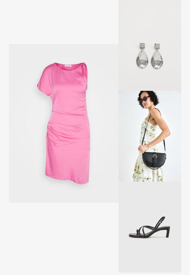 Rochie roz cu un singur umăr, realizată dintr-un material neted, având un detaliu pliat pe lateral și o croială lejeră. Mâneci scurte și lungime până la genunchi.; Sandal cu barete negre, cu vârf pătrat și toc mic de bloc. Prezintă mai multe barete subțiri și o bareta ajustabilă la gleznă. Fabricat din piele netedă.; Geantă din piele neagră, cu o formă curbată, curea detașabilă și accesorii aurii. Geanta are un capac cu un detaliu tip cataramă.; Cercei din argint cu stud pătrat, având un finisaj neted și lustruit, într-o formă de lacrimă, care reflectă lumina cu o suprafață lucioasă.