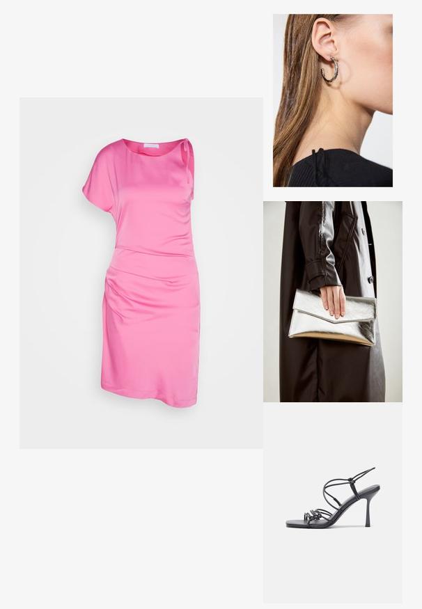 Abito rosa a spalla unica realizzato in tessuto morbido, con dettaglio arricciato sul lato e vestibilità comoda. Maniche corte e lunghezza fino al ginocchio.; Sandali neri con tacco alto presentano sottili cinturini con design annodato, una punta quadrata liscia e un elegante tacco a spillo.; Clutch metallico argento con un design a busta angolare, texture liscia e colore interno a contrasto, tenuto in mano da una persona che indossa un cappotto nero.; Orecchino a cerchio in argento con finitura lucida, caratterizzato da piccoli dettagli in oro e una forma tondeggiante, indossato sul lobo.