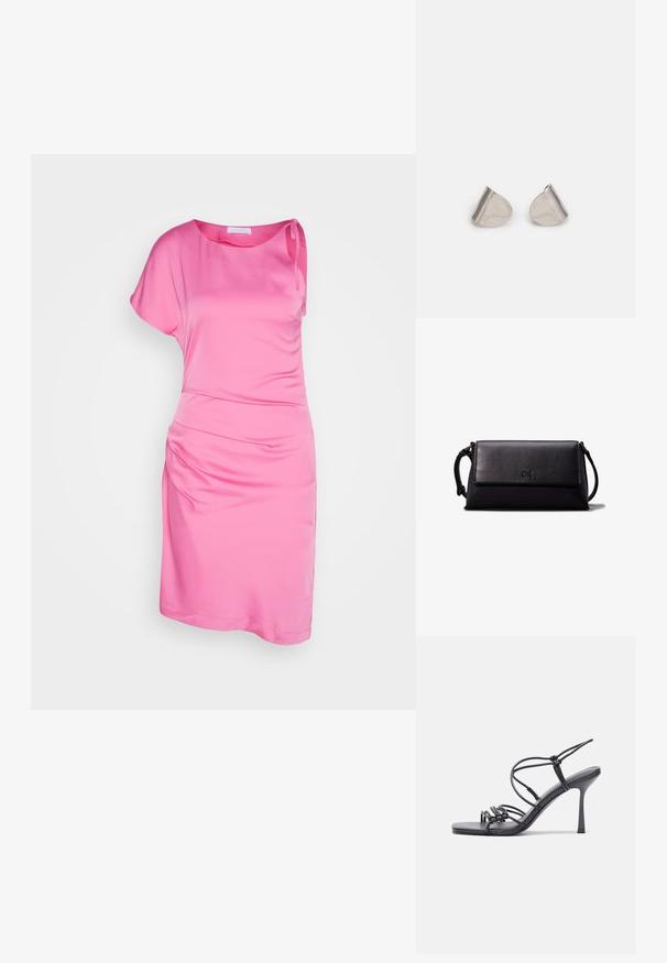 Abito rosa a spalla unica realizzato in tessuto morbido, con dettaglio arricciato sul lato e vestibilità comoda. Maniche corte e lunghezza fino al ginocchio.; Sandali neri con tacco alto presentano sottili cinturini con design annodato, una punta quadrata liscia e un elegante tacco a spillo.; Clutch bag in pelle nera con forma rettangolare, texture liscia, chiusura a patta piatta e un piccolo manico laterale. Presenta un logo sottile.; Orecchini in metallo argentato con forma a goccia liscia e finitura lucida. Incisioni sottili aggiungono dettagli. Design minimalista.