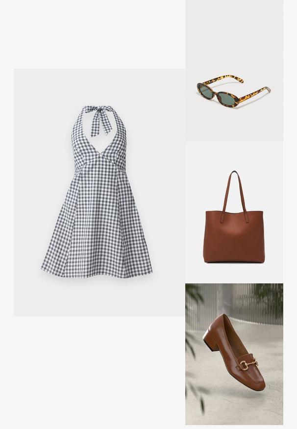 Marinblå og hvit rutete halterkjole med dyp V-hals og knytbånd bak. Utsvingt skjørtdesign med tettsittende liv og kontrasterende detaljer.; Brun lakkert skinn loafer med firkantet tå, metallkjedeakkent, og lav blokkheel; glatt tekstur, minimalistisk design.; Skilpadde-skjell solbriller med ovale rammer, mørkegrønne linser og slanke stenger. Har en subtil logo på stangen.; Brun lær tote veske med en jevn tekstur, åpen toppdesign og to skulderstropper. Har minimal søm og ingen synlige spiker.