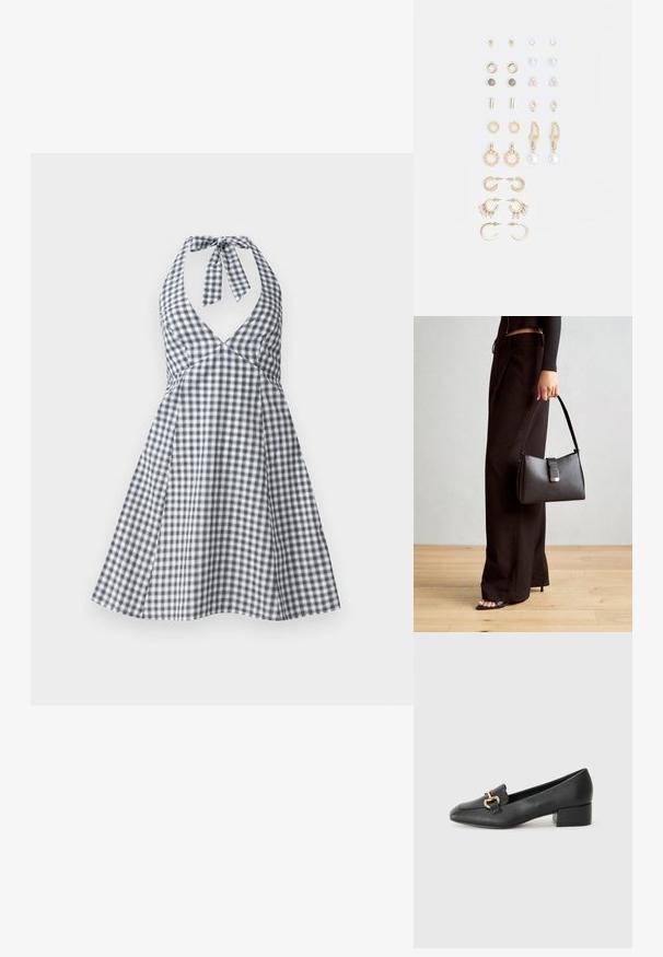 Marinblå og hvit rutete halterkjole med dyp V-hals og knytbånd bak. Utsvingt skjørtdesign med tettsittende liv og kontrasterende detaljer.; Sorte skinnloafers med flat hæl, med dekorativ detalj i gull foran og en jevn tekstur.; Svart håndveske med strukturert form, jevn tekstur og metallisk lås. Kombinert med brede svarte bukser og sandaler med åpen tå på tregulv.; Sett med gullfargede øredobber med ulike design, inkludert stikkere, hoops og hengende deler med perler og rhinestones.