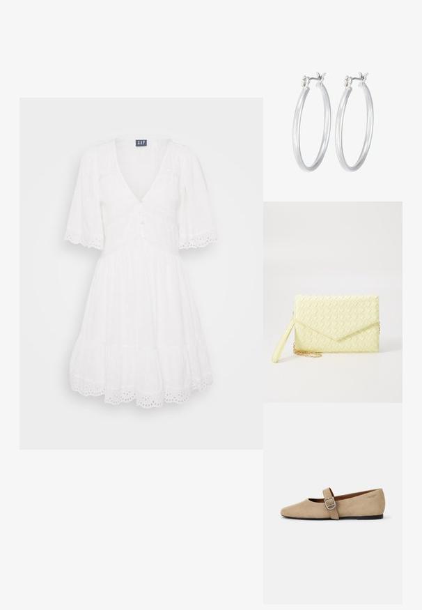 Valkoinen mekko lyhyillä hihoilla, V-pitchillä, nappisuljennalla ja kerroksellisella helmalla. Sisältää silmukkasaumalla viimeistelyn ja pehmeän, tekstuuritetun kankaan.; Beige mokasyny Mary Jane z zamszu z ostrym noskiem i jedną regulowaną paskiem z metalowym zapięciem. Czarna płaska podeszwa.; Keltainen kudottu klaavapussukka, jossa on läpällä suljettava muotoilu, irrotettava rannekka ja kultaketjuviimeistely. Sileä pinta ja suorakaiteen muotoinen.; Hope-silver rengas, joissa on sileä ja kiillotettu pinta. Pyöreä muoto ja turvallinen napsautettava lukitus. Kevyt muotoilu sopii päivittäiseen käyttöön.