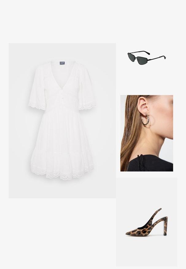 Hvid kjole med korte ærmer, V-hals, knapfront og lagdelt skørt. Har øjelet trim og et blødt, tekstureret stof.; Sandalet med leopardprint, spids tå og gennemsigtig blokhæl. Lavet af blankt materiale med en glat overflade.; Sorte metal solbriller med vinklede rammer og mørke linser. Har tynde, lige stænger og næsepuder for en sikker pasform.; Sølv hoop ørestik med en poleret overflade, prydet med små guld accenter og en rund form, båret på øreflippen.