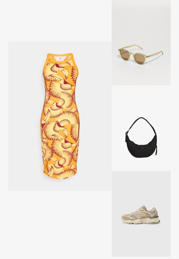 Orange fitted dress featuring a repeating pattern of yellow and maroon toucans and birds in flight, made from a smooth, stretchy material.; Beige athletic sneakers with mesh and suede materials, rounded toe, thick sole, and notable reflective accents on the side.; Sunglasses with round, transparent yellow frames and brown lenses. Features slim, straight temples with subtle branding.; Black shoulder bag with a curved design, padded fabric, adjustable strap, and subtle logo. Features a zippered compartment and textured accents.