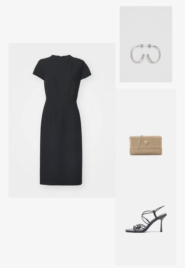 Juoda suknelė su trumpomis rankovėmis, aukštu kaklu, prigludusia liemene ir tiesiu sijonu. Yra subtilus užtrauktukas gale.; Juodos aukštakulnės sandalai pasižymi plonyčiais dirželiais su mazgo dizainu, lygiu kvadratiniu pirštu ir elegantišku stiletto kulnu.; Auksinė rankinė su sudėtinga karoliukų tekstūra, trikampio formos logotipo akcentu ir metaliniu grandininiu diržu. Stačiakampio forma, elegantiškas dizainas.; Sidabrinės auskarai žiedai su lygiu, blizgiu paviršiumi. Suapvalinta forma, lengvas dizainas, su uždarymu ant smeigtuko.