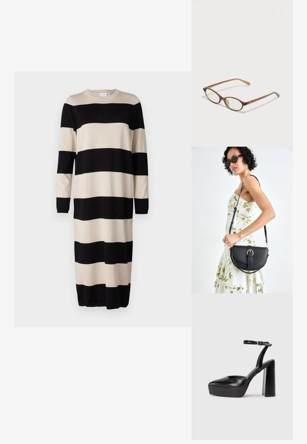Vestido de mangas compridas com riscas horizontais alternadas em preto e bege, feito de tecido suave, com decote redondo e punhos canelados.; Saltos altos pretos com bico fino e atilho ajustável no tornozelo. Confeccionados em couro suave, apresentam um salto bloco robusto.; Óculos tortoiseshell castanhos com lentes ovais, hastes finas e acabamentos transparentes. Apresenta um logótipo subtil na têmpora. Design elegante e leve.; Bolsa de couro preta com forma curva, alça destacável e detalhes em dourado. A bolsa possui uma aba com detalhe de fivela.