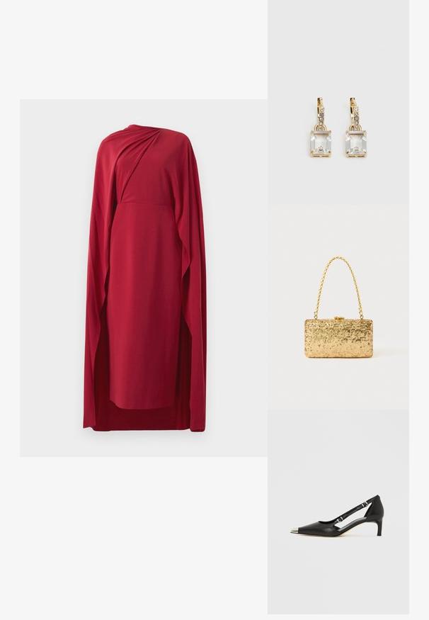 Vestido vermelho até ao joelho com detalhe de tecido drapeado e capa longa combinando que flui de um dos ombros, exibido contra fundo branco.; Sapato de salto baixo em pele preta com biqueira pontiaguda prateada e duas tiras com fivela, em fundo branco.; Clutch dourada em lantejoulas com formato retangular, apresentando uma alça de corrente torcida e um fecho de metal, refletindo a luz com um acabamento texturizado.; Brincos em tom de ouro com um cristal retangular claro pendurado abaixo de uma linha de pequenos acentos redondos claros. Design elegante e moderno.