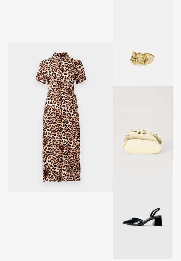 Midi-mekko, jossa on leopardikuvio, lyhyet hihat, kaulus, napit edessä ja vyötäröltä kiristetty malli. Mekko on valmistettu kevyestä kankaasta, jolla on sileä pinta.; Mustat patentoitu nahkakengät, joissa on säären takaosa ja terävä kärki, sekä geometrinen palikkakorko. Sisältää tyylikkään, minimalistisen muotoilun ja sileän pinnan.; Metallinen kultainen clutch, jossa on sileä ja pyöreä muoto. Sen yläosassa on nappilukko ja pieni ketjuhihna kuljettamista varten.; Kullanışlı bir ayarlanabilir yüzüğe sahip, üç belirgin zirveye sahip dokulu, dalgalı düzene sahip altın yüzük. Düzgün, parlak yüzey ve açık bant ile tasarlanmış.