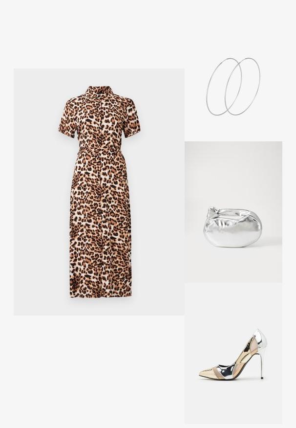 Leopardimustriga midi kleit lühikeste varrukatega, krae, nööpidega esikülg ja rõhutatult talje, valmistatud kergest kangast, millel on sile tekstuur.; Kitsas toe kõrge kontsaga kingad, millel on hõbedane, kuldne ja nude värvilahendus. Läikiv viimistlus lõikekujundusega, stiletto konts.; Hõbedane metallikoti kott pehme, ümar kuju ja sõlme ülemise sulgemisega. Valmistatud siledast kunstnahast materjalist.; Hõbedased rõngastikkaehingad minimalistlikus disainis. Ümar kuju, sile tekstuur ja õhuke profiil. Kerged ning poleeritud viimistlusega.