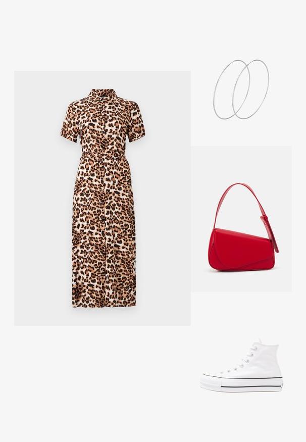 Midi-mekko, jossa on leopardikuvio, lyhyet hihat, kaulus, napit edessä ja vyötäröltä kiristetty malli. Mekko on valmistettu kevyestä kankaasta, jolla on sileä pinta.; Valkoiset korkeavartiset kangaskengät mustalla kumipohjalla, edessä kuminen varvasosa ja kuusi nauha-aukkoa, puhtaan minimalistisella muotoilulla.; Punainen nahkalaukku, jossa on kulmikas, geometrinen muotoilu. Varustettu yhdellä säädettävällä hihnalla ja läpällä, jossa on ommeltu yksityiskohtia.; Hopehope hopeilla, joissa on minimalistinen muotoilu. Pyöreä muoto, sileä pinta ja ohut profiili. Kevyet ja kiillotetut.