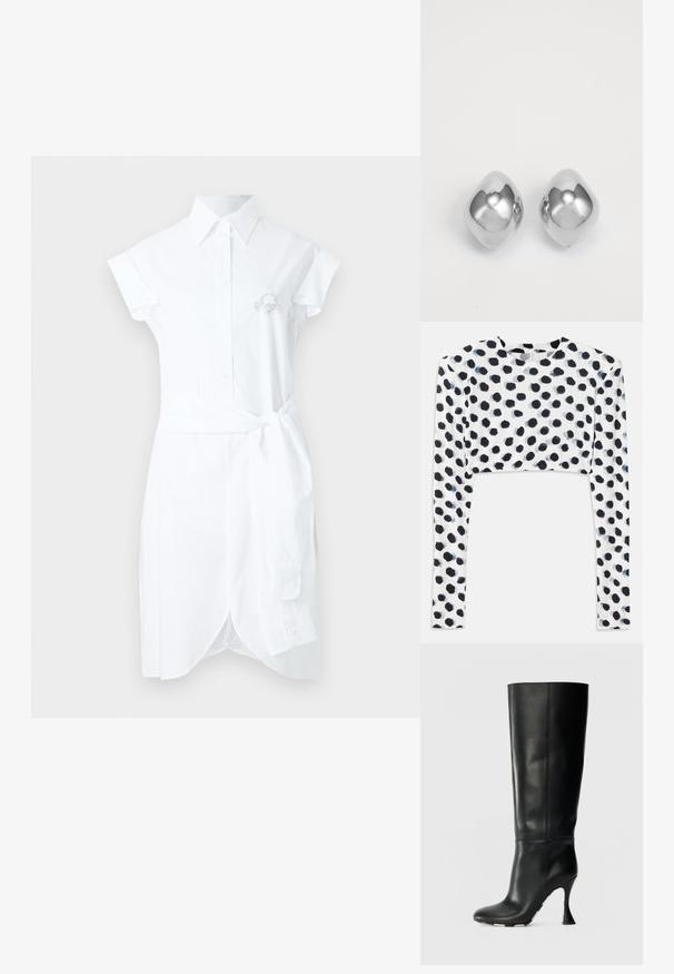 Bílá košilová šaty vyrobená z bavlny s límečkem, krátkými rukávy a stáhnutým pasem. Obsahuje zapínání na knoflíky a vyšívaný detail na hrudi.; Krátký dámský top s dlouhými rukávy z elastického bílého materiálu s černými puntíky, hladkou texturou a kulatým výstřihem.; Černá kožená vysoká bota po kolena s přiléhavým svrškem a špičatou špičkou. Má charakteristický zakřivený podpatek a hladký texturovaný povrch.; Stříbrné kovové náušnice s hladkým, zaobleným tvarem, s leštěným povrchem a odrazivým leskem. Minimalistický design bez ozdob.