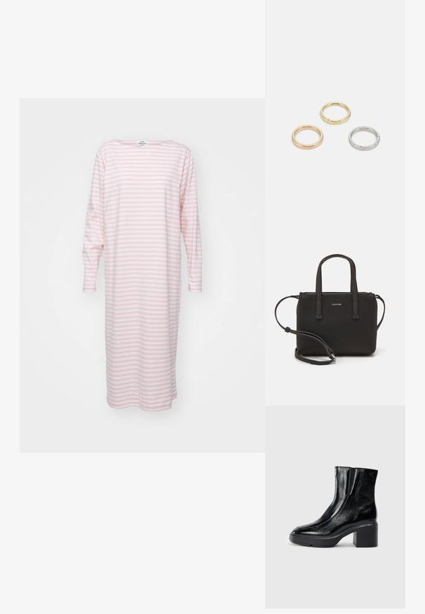 Kerge puuvillane ööpaita pikkade varrukatega, millel on horisontaalsed roosa ja valge triibud, paadi kaelus ja põlvepikkune lõige.; Mustmustest must paeltega särkide, millel on kõver varvas, elastsed külgpaneelid ja jäme plokkpealse. Tagaküljel on reljeefne logo.; Musthave mustrans vöö ja eemaldatav õlarihm. Gludike nahk siledaga, millel on tõmblukk ja logo detail.; Kolme metallist rõngast: üks roosa kuld, üks kuld tekstuursete aktsentidega ja üks hõbe, kõik sisepoolt graveeritud brändinguga.