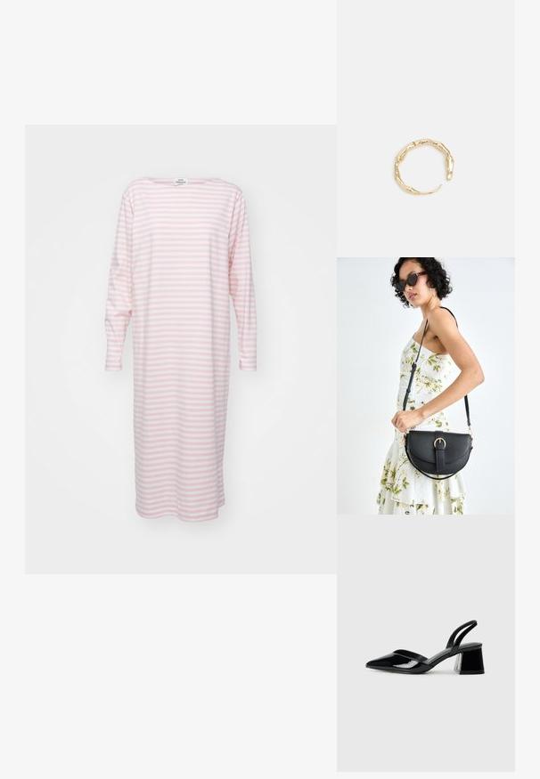 Kevyt puuvillayömekko, jossa on pitkät hihat, vaakasuorat vaaleanpunaiset ja valkoiset raidat, venepääntie ja polvimittainen leikkaus.; Mustat patentoitu nahkakengät, joissa on säären takaosa ja terävä kärki, sekä geometrinen palikkakorko. Sisältää tyylikkään, minimalistisen muotoilun ja sileän pinnan.; Musta nahkainen käsilaukku, joka on kaareva muotoilultaan, irrotettavalla hihnalla ja kultaisilla yksityiskohdilla. Laukussa on läppä, jossa on solk yksityiskohta.; Kultaketju, jossa on orgaaninen, kierretty muotoilu, sileä pinta ja cappatut päät, luoden modernin, veistoksellisen ilmeen.