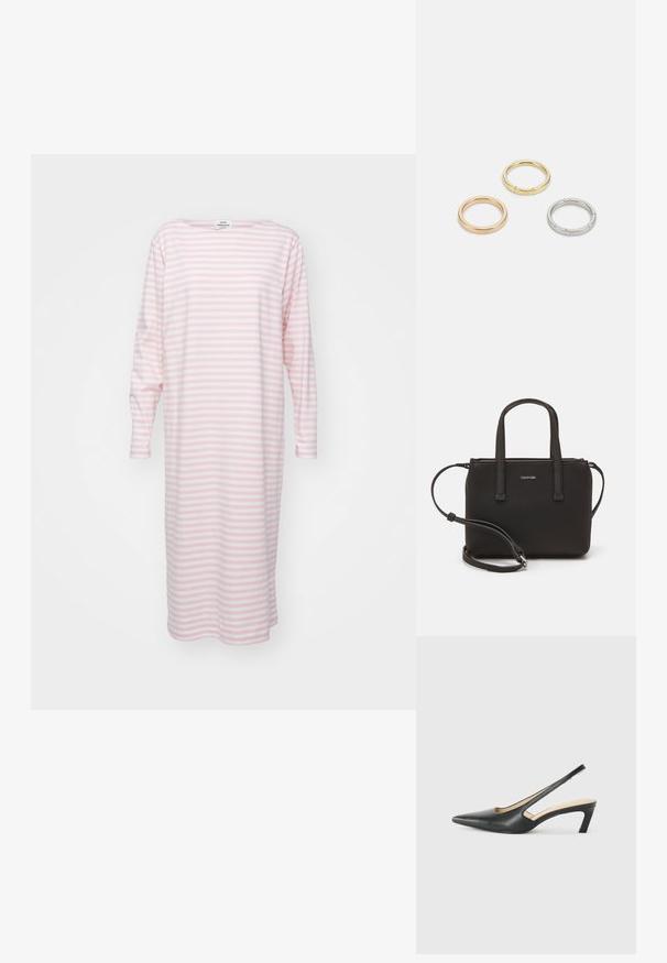 Lätt vikt bomullsnattlinne med lång ärm, med horisontella rosa och vita ränder, en båtformad halsringning och knäslits.; Svart spetsig slingback-sko med låg klack, som har ett slätt lädermaterial och utskärningsdesign på sidan för andningsförmåga.; Svart handväska med dubbla korta handtag och ett avtagbart axelband. Slät läderliknande material med dragkedjestängning och logodetalj.; Tre metallringar: en roséguld, en guld med texturerade detaljer och en silver, alla med ingraverad märkning på den inre ringen.