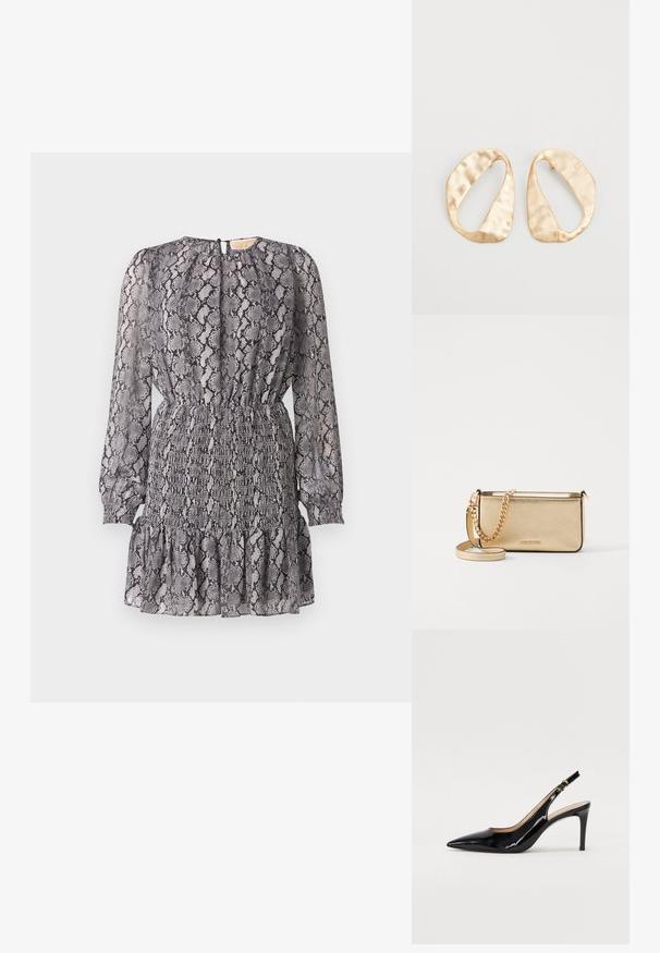 Šedá a černá šaty s hadím motivem, dlouhými rukávy, nařaseným pasem a volánkovým lemem. Obsahuje uzávěr na zadní straně ve tvaru klíčové dírky.; Černé lakované slingback lodičky s špičatou špičkou, úzkým podpatkem a jemným výřezem. Obsahují zlatou sponu na řemínku.; Metalická zlatá kožená psaníčko s texturovaným povrchem, vybavená zlatým řetízkovým popruhem a odnímatelným ramenním popruhem. Vystouplé logo značky.; Pár nepravidelných oválných náušnic z kovu pozlaceného zlatem s texturovaným, mírně kladivkovým povrchem na bílém pozadí.