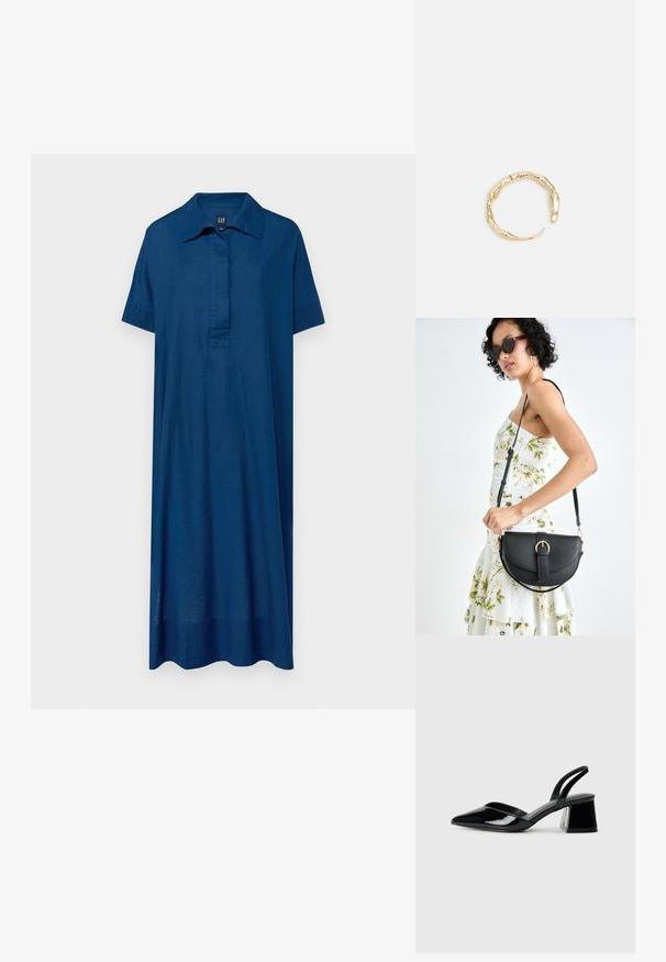 GAP POPOVER - Skjortekjole - new zephyr; Sorte patentlæder slingback hæle med spids tå og en geometrisk blok hæl. Har et elegant, minimalistisk design og en glat tekstur.; Sort læderhåndtaske med en buet form, aftagelig rem og guldfinish. Tasken har en klap med en spænde detalje.; Guld-tone ring med et organisk, snoet design, glat overflade og affasede ender, hvilket skaber et moderne, skulpturelt udseende.