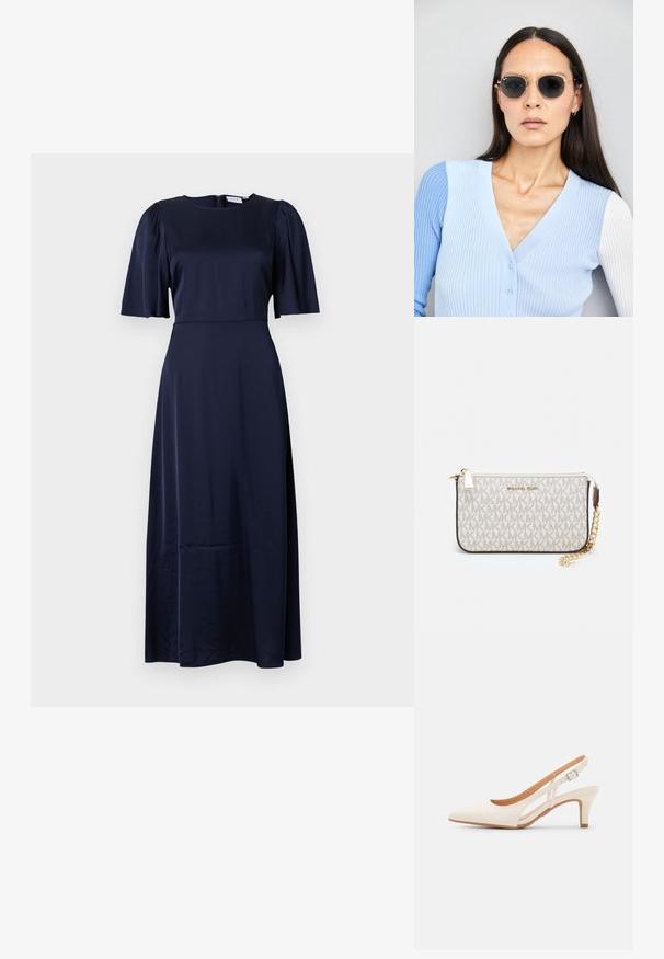 Tamsiai mėlynas midi suknelė, pagaminta iš lygios medžiagos. Yra trumpomis pūkuotomis rankovėmis ir apvalia iškirpte. Užsegama užtrauktuku nugaroje ir turi švarų siluetą.; Balti slingback kulniukai su smailiu pirštu, lygia viršutine medžiaga, žemu blokuotu kulnu ir šoniniu išpjovimu su reguliuojamu sagtimi.; Apskriti saulės akiniai su tamsiais objektyvais ir auksiniais rėmeliais. Modelis vilki šviesiai mėlyną, raukinį kardiganą su mygtukais ir kontrastingomis baltomis rankovėmis.; Michael Kors rankinė smėlio spalvos dengto kanvoje su pakartotiniu MK logotipo raštu, auksinėmis detalėmis ir nuimamu grandininiu dirželiu.