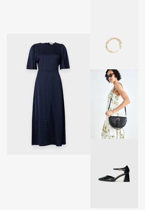 Morská midi šaty vyrobené z hladkého materiálu. Majú krátke puff rukávy a okrúhly výstrih. Zapínanie na zips na chrbte a čistá silueta.; Čierna lakovaná kožená vysoká opätková topánka s špicatou špičkou, remienkom okolo členka a textúrovaným vzorom krokodíla. Dizajn so štvorcovým blokovým opätkom.; Čierna kožená kabelka s zaobleným tvarom, odnímateľným popruhom a zlatými doplnkami. Kabelka má klopu s detailom s prackou.; Prsteň v zlatej farbe s organickým, skrúteným dizajnom, hladkým povrchom a zužujúcimi sa koncami, vytvárajúci moderný, sochársky vzhľad.
