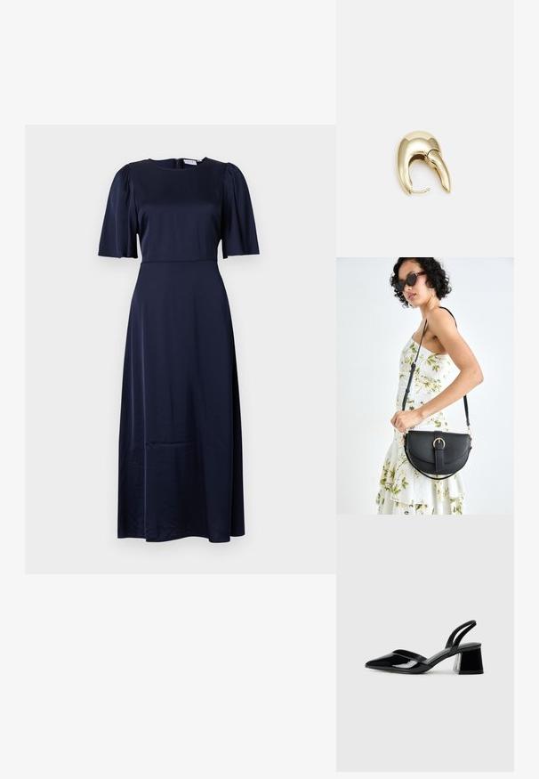 Rochie midi bleumarin fabricată dintr-un material neted. Prezintă mâneci scurte tip bufant și un decolteu rotund. Închidere cu fermoar la spate și siluetă clară.; Pantofi cu toc slingback din piele lacuită neagră, cu vârf ascuțit și toc geometric. Prezintă un design elegant, minimalist și o textură netedă.; Geantă din piele neagră, cu o formă curbată, curea detașabilă și accesorii aurii. Geanta are un capac cu un detaliu tip cataramă.; Cercei din metal de culoare aurie cu un design elegant și curbat. Prezintă o formă distinctivă, ascuțită, o suprafață lustruită și un sistem de închidere cu balama.