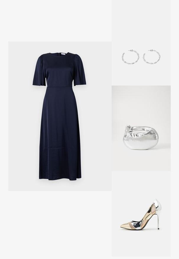 Morska midi obleka iz gladkega materiala. Ima kratke napihnjene rokave in okroglo ovratnico. Zadrga na hrbtni strani in čista silhueta.; Čevlji z visoko peto in konico, v barvni kombinaciji srebrne, zlate in nude. Sijajna obdelava z izrezljanim dizajnom, z igličasto peto.; Srebrna kovinska torbica z mehko, zaobljeno obliko in zavezano zgornjo zaporo. Narejena iz gladkega umetnega usnja.; Srebrni uhani v obliki obročka s spiralnim dizajnom, ki imajo sijajno površino in zapiralo na zadnji strani. Mere znašajo približno 3 cm v premeru.