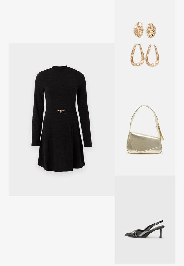 Schwarzes langärmeliges Kleid mit tailliertem Oberteil, ausgestellt Rock, Stehkragen und schmalem Gürtel mit einer kleinen goldenen Schnalle in der Taille.; Schwarzer Lackleder Slingback-Schuh mit spitzem Zehenbereich, Knöchelriemen mit silbernen Schnallen und Beschlägen sowie einem schlanken Absatz.; Goldfarbene metallische Handtasche mit strukturiertem Design, glatter Textur und verstellbarem Tragegurt. Sie verfügt über eine einzigartige dreieckige Form und minimalistische Nähte.; Ohrringe in Goldoptik mit strukturierten, gewellten Formen. Beinhaltet skulpturale Clip-Ohrringe und ein offenes Hoop-Design mit gehämmertem Finish.
