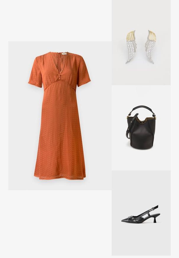 Short-sleeve dress in rust with a textured pattern. Features a V-neck and button closure at the front, flowing A-line silhouette.; Black leather slingback shoe with a pointed toe, decorative straps featuring metal eyelets, and a low block heel. Textured surface.; Black leather bucket bag with a textured finish, gold hardware accents, and an open top. Features a short handle and adjustable shoulder strap.; Two wing-shaped earrings featuring silver-tone metal with clear, round-cut rhinestones and gold-tone metal accents in a layered design.