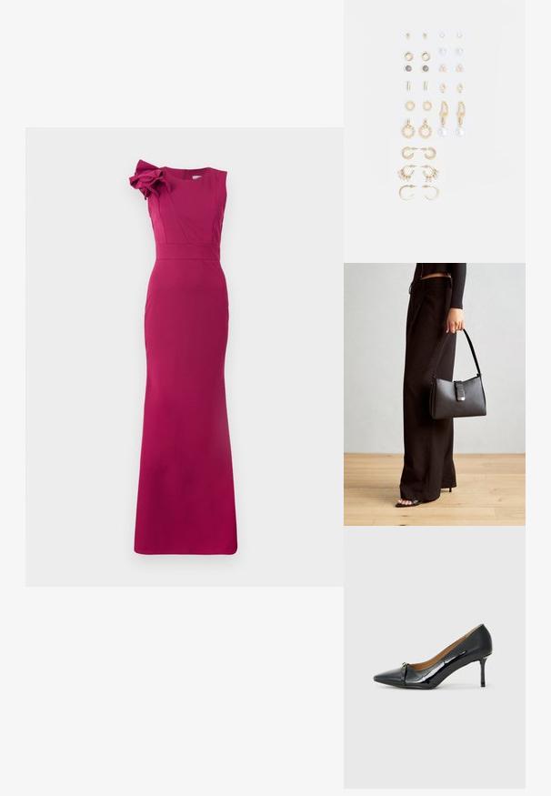 Gaiša magenta krāsas kleita ar augstu kaklu, bez piedurknēm un lielu ziedu akcentu uz kreisā pleca. Gluda, teksturēta auduma.; Melnas lakotas ādas kurpes ar augstu papēdi, ar norādītu pirkstu, dekoratīvu jostu priekšpusē un plānu stiletto papēdi.; Melnā somiņa ar strukturētu formu, gludu tekstūru un metālu sprādzi. Saskaņota ar platām melnām biksēm un sandālēm ar atvērtu purngalu uz koka grīdas.; Zeltainā tonī auskari, kas iekļauj dažādus dizainus, tostarp pīrsingu, gredzenus un karājošus elementus ar pērlēm un rhinestones.