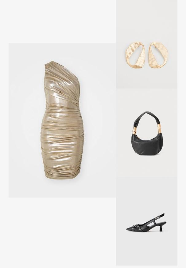 Eno-rame obleka iz metalizirate zlate tkanine z nabranimi detajli, prilegajoča silhueta in gladka tekstura, ki prikazuje sijoč videz.; Črne usnjene sandale središnje zaponke z ostro konico, okrasnimi trakovi z kovinskimi očesi in nizko blokasto peto. Teksturirana površina.; Črna usnjena torbica okrogle oblike, mehke teksture, z vozlanim ročajem in zlatimi kovinskimi dodatki. Zadrga za zapiranje.; Par nenavadno ovalnih zlatih metalnih uhani s teksturirano, rahlo udarjeno površino na belem ozadju.