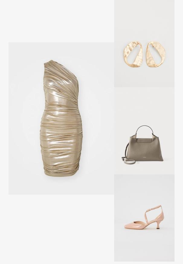 Yhdistele ensimmäiselle olalle painettu metallinhohtoinen kultamekko, jossa on laskostusta, istuva siluetti ja sileä tekstuuri, joka esittelee kiiltävän pinnan.; Casadei CHARLOTTE TIFFANY - Avokkaat - sand; Harsoharmaa nahkainen käsilaukku, jossa on yläkahva ja säädettävä olkahihna. Laukussa on minimalistinen muotoilu ja hienovarainen brändäys, joka on kohotettu etupuolelle.; Pari epämuodostuneita soikeita kultasävyisiä metallikorvakoruja, joissa on teksturoitu, hieman hakattu pinta valkoista taustaa vasten.