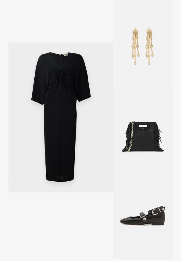Black midi dress with short kimono sleeves, front tie detailing, a zip closure, and a fitted silhouette. Smooth fabric, minimalistic design.; Black patent leather flat shoe with a squared toe, ankle strap featuring silver hardware, and flat sole. Smooth texture with minimalist design.; Black leather handbag with fringe details, gold chain shoulder strap, and a cut-out handle. Features logo placement on the front.; Gold-tone earrings with multiple cascading chains, featuring clear oval rhinestone accents and decorative stud tops.