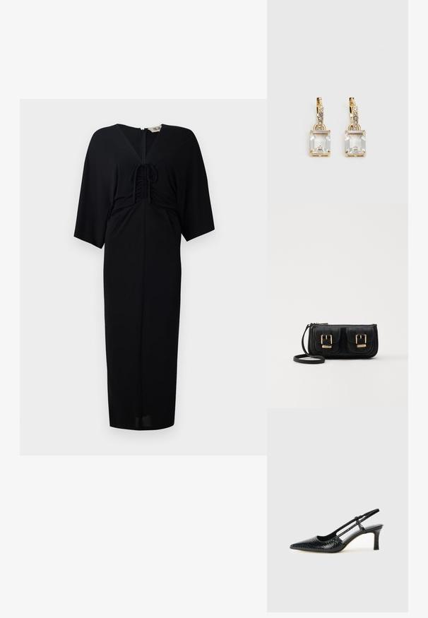 Črna midi obleka s kratkimi kimono rokavi, podrobnosti z vezanjem spredaj, zadrgo in prilegajočim se silhueto. Gladek material, minimalističen dizajn.; Črne lakaste slingback pete s koničastim nosom, ki imajo teksturiran vzorec kačje kože, nastavljiv trak in kratek teksturiran blok peto.; Črna usnjena torbica čez ramo z dvema sprednjima žepoma, zlatimi zaponkami, zadrgo in ozkim pasom. Tekstura površine je strukturirana, obliko pa ima kompaktno pravokotno.; Zlato obarvani uhani, ki vsebujejo pravokoten, prozoren kristal, obešen pod vrsto majhnih, okroglih prozornih dodatkov. Elegantna, moderna zasnova.