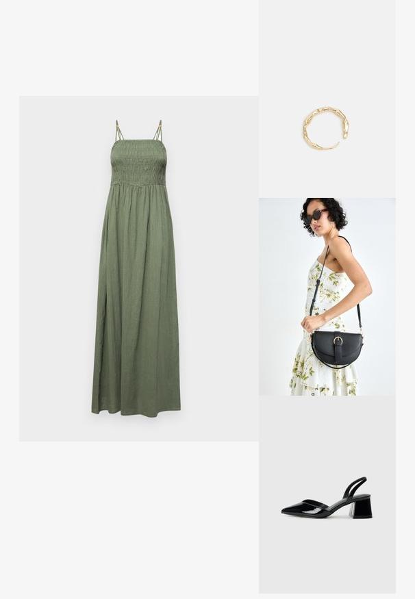 Maksi obleka v olivno zeleni laneni tkanini z nabrano korzetom in nastavljivimi trakovi. Tok skrbno krilo z sproščenim krojem in diskretno teksturo.; Črne lakirane slingback pete s koničastim nosom in geometrijsko blokasto peto. Imajo eleganten, minimalističen dizajn in gladko teksturo.; Črna usnjena torbica s ukrivljeno obliko, z odstranljivo naramnico in zlatimi dodatki. Torbica ima pokrov s podrobnostmi v obliki zaponke.; Zlati prstan s organskim, zvitim dizajnom, gladko površino in taperiranimi konci, ki ustvarja modernega, skulpturalnega videza.