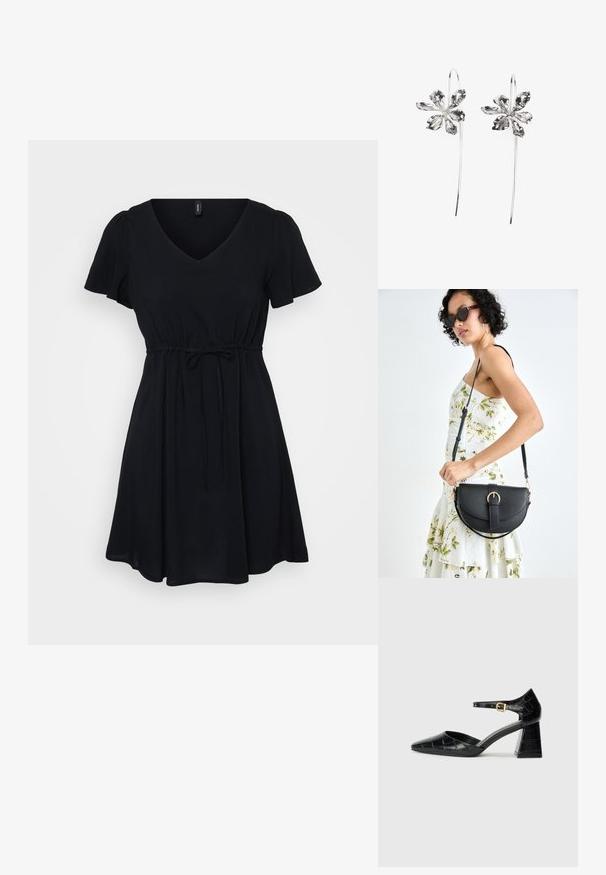 Črna obleka s kratkimi napihnjenimi rokavi, V-izrezom in vrvico v pasu. Tokratna zasnova, lahkotna tkanina in dolžina nad koleni.; Črne patentne usnjene čevlje s visokimi petami, s koničastim nosom, trakcem okrog gležnja in teksturiranim kroko vzorcem. Oblikovanje kvadratne blokaste pete.; Črna usnjena torbica s ukrivljeno obliko, z odstranljivo naramnico in zlatimi dodatki. Torbica ima pokrov s podrobnostmi v obliki zaponke.; Srebrne uhani v obliki rože z teksturirano površino, ki imajo dolge kavljice in podrobnosti, podobne cvetnim listom, kar ustvarja zapleten dizajn.