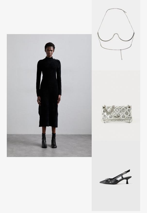 Černé šaty s dlouhým rukávem z texturované látky s vysokým límcem a stříbrným akcentem na rameni, doplněné černými kotníkovými botami.; Černé kožené slingback boty s špičatou špičkou, dekorativními pásky s kovovými očky a nízkým blokovým podpatkem. Texturovaný povrch.; Stříbrná metalická kabelka s řetízkem, prošívanou texturou, dekorativním stehem a zipovým uzávěrem. Obsahuje embosované detaily na přední straně.; Cult Gaia ASHA BODY JEWELRY - Jiné doplňky - bright shiny silver-coloured