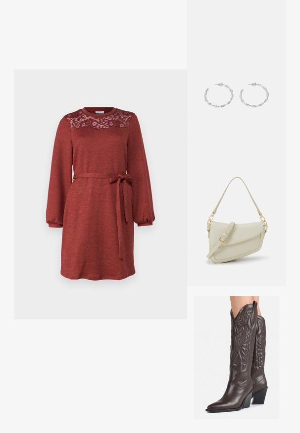 Punane kleit pika varrukaga, kudumisest valmistatud, pitsdetailiga bodice'il ja seotud vööga taljes. Omab ümarat kaelust ja lõdva sobivust.; Pruunid nahast cowboy saapad terava varbaga ja plokk-kandaga, millel on detailne tikand ja kergelt tõstetud aktsendid varrel.; Väike kreemjas käekott tekstureeritud viimistlusega, pikendatav rihm, ketiläbimõõt ja klapiga sulgemine. Kuldsed metalldetailid.; Hõbedased rõngaskõrvarõngad keerutatud disainiga, millel on poleeritud viimistlus ja posti-tagune sulgemine. Diameeter umbes 3 cm.