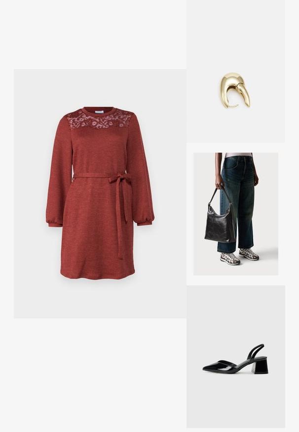 Punainen mekko, jossa on pitkät hihat, neulekangas, pitsiyksityiskohta vartalon kohdalla ja sidottu vyö. Ominaisuudet: pyöreä pääntie ja rento istuvuus.; Mustat patentoitu nahkakengät, joissa on säären takaosa ja terävä kärki, sekä geometrinen palikkakorko. Sisältää tyylikkään, minimalistisen muotoilun ja sileän pinnan.; Musta nahkainen olkalaukku, jossa on sileä pinta ja säädettävä hihna, yhdistettynä haalistuneisiin leveälahkeisiin farkkuihin ja urheilukenkien kanssa.; Kultahipuinen korvakoru, jossa on sulavalinjainen, kaareva muotoilu. Ominaisuuksiin kuuluu erottuva terävä muoto, kiillotettu pinta ja sarana kiinnitys.