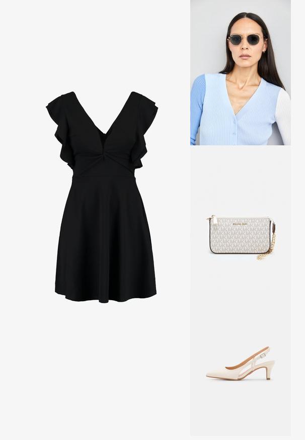 Fekete ruha V-nyakkivágással, rövid fodros ujjakkal és karcsú fazonnal. A szoknya terjedelmesen bővül, sima, könnyű anyagból készült.; Fehér slingback sarok, hegyes orral, sima felső anyaggal, alacsony blokk sarkával és oldalsó kivágott dizájnnal, állítható csatpánttal.; Kerek napszemüveg sötét lencsékkel és arany kerettel. A modellen világoskék, bordázott kardigán van gombokkal és kontrasztos fehér ujjaival.; Michael Kors bézs bevonatos vászon karkötő, amely ismétlődő MK logó mintával, aranyszínű fémrészletekkel és levehető lánchordóval rendelkezik.